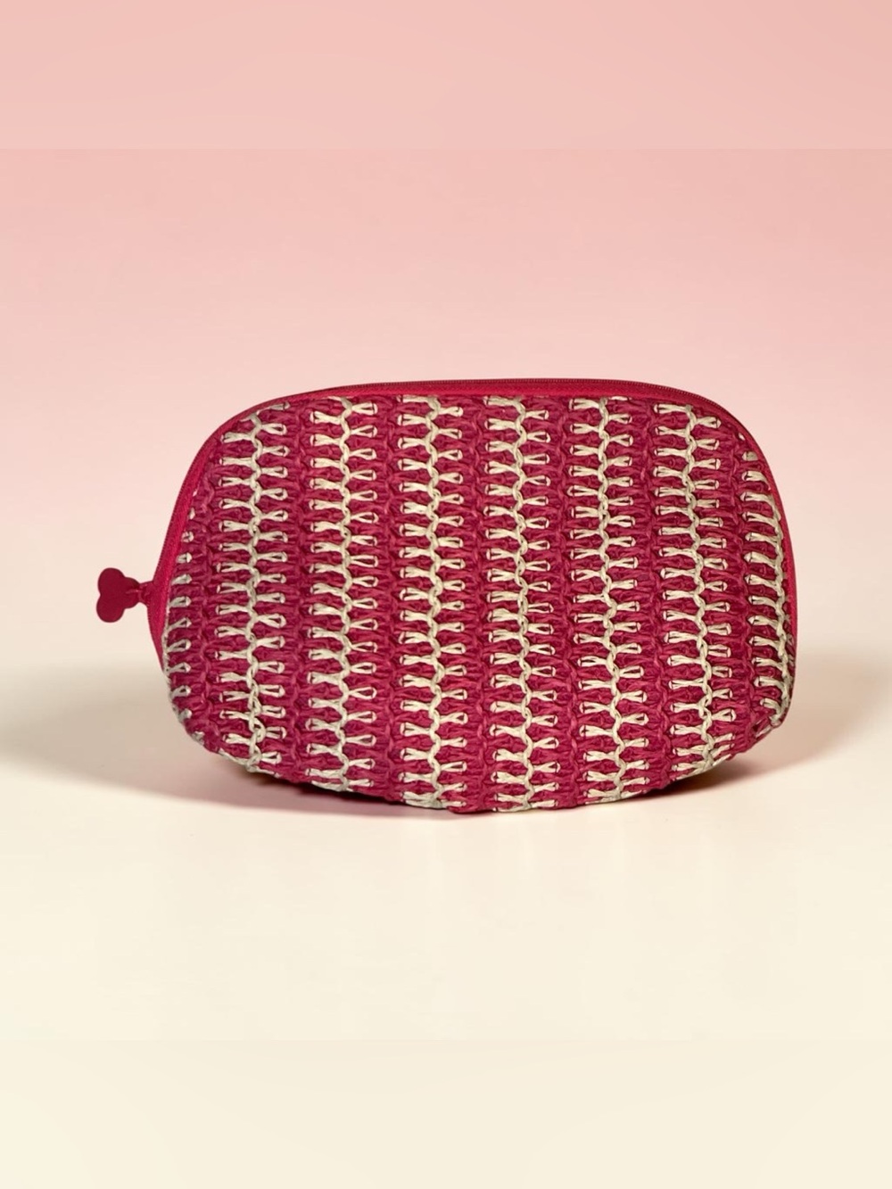 Benefit Cosmetics Pink Woven Makeup Bag Cosmetic Pouch Travel Case 10” NWOT